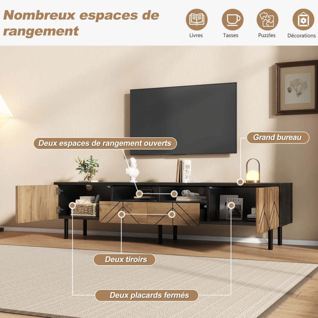 Mobile TV con 2 cassetti e 2 ante; per soggiorno; in pannello truciolare; nero e naturale; 180 × 40 × 45 cm