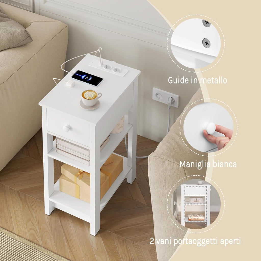 Comodino con Prese Integrate e Porte Usb, Comodino con Cassetto e Ripiani, Tavolino per Piccole Stanze, Camera da Letto, Soggiorno, Bianco, 30x45x65cm, NTS20ws