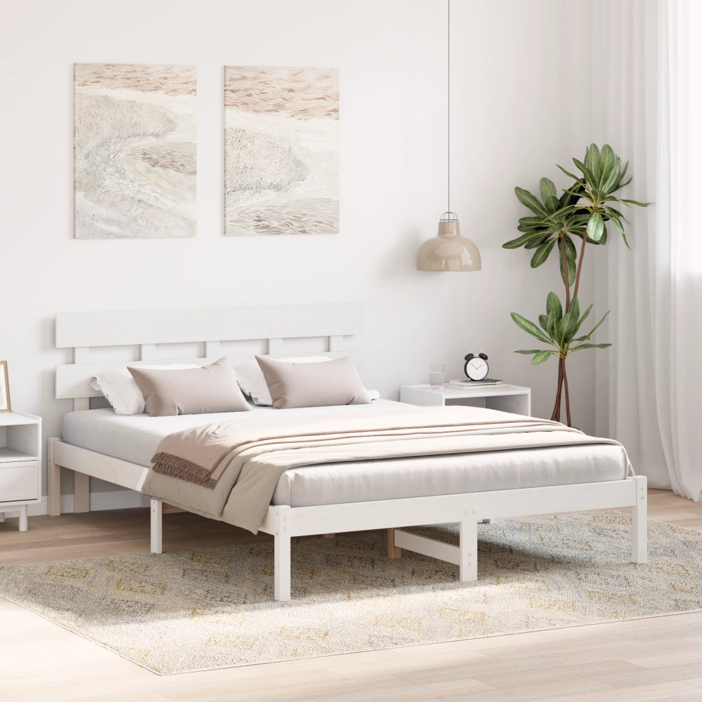 Struttura Letto con Testiera Bianca 150x200 cm Legno Massello di Pino