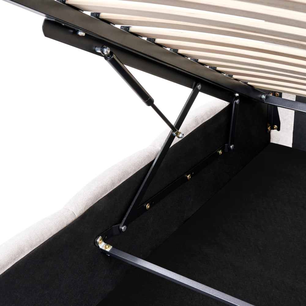 Letto matrimoniale contenitore con trapuntatura verticale in tessuto bianco sporco 160x200 cm struttura sollevabile e testiera alta