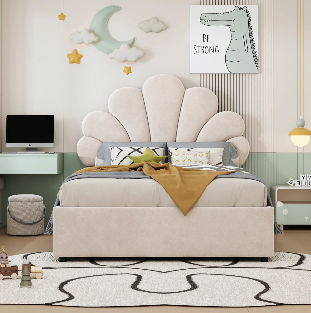 Letto singolo imbottito 90x200 cm beige con vano contenitore