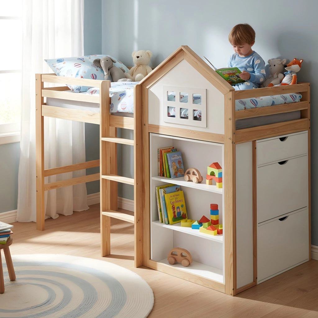 LETTO A CASTELLO per bambini con vani e cassetti 90x200 cm bianco/naturale