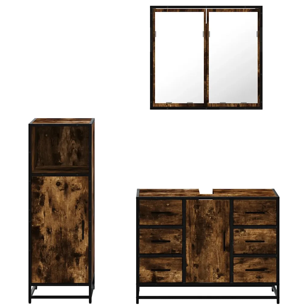 Set Mobili da Bagno 3 pz Rovere Fumo in Legno Multistrato