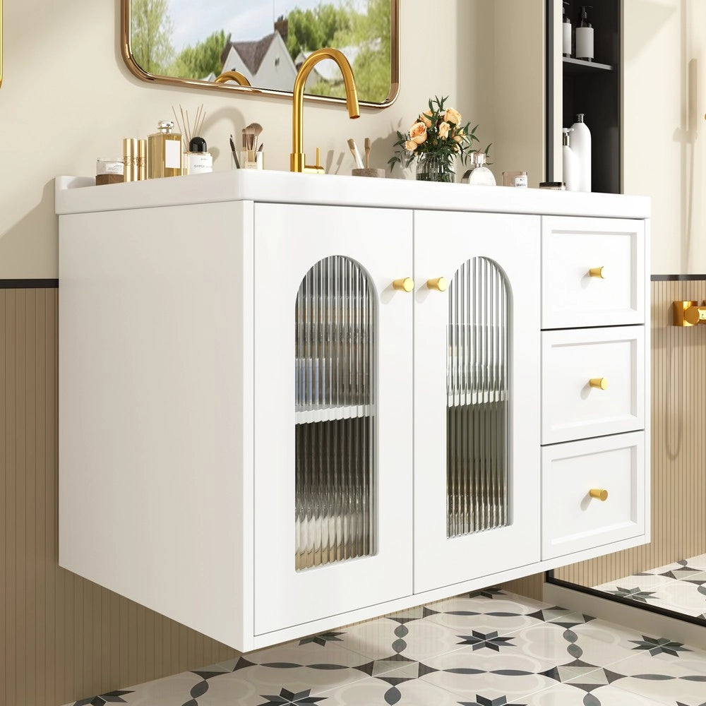 Mobile Bagno Sospeso con Lavabo in Ceramica ¨C Xylo ¨C Bianco, 2 Cassetti, Anta con Ripiani, 80 cm