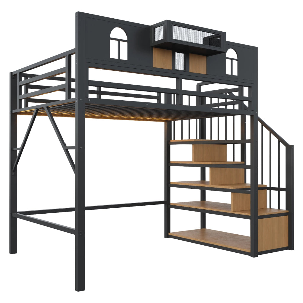 Letto a soppalco in metallo 90 x 200 cm con scala contenitore, mensola, illuminazione e struttura in MDF e metallo, nero