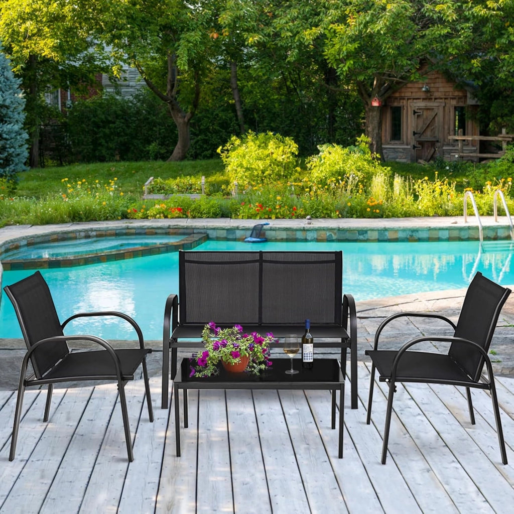 Set da Giardino con 4 Pezzi, Set da Giardino per Chiacchierare, Sedie da Giardino con Tavolino in Vetro, con Struttura Resistente in Ferro, Tessuto a Rete Traspirante (Nero)
