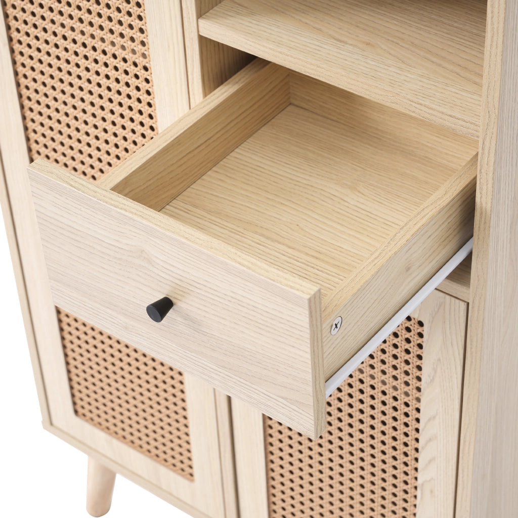 Credenza in effetto legno rovere con 2 ante in rattan e 1 cassetto, 60 x 40 x 101 cm