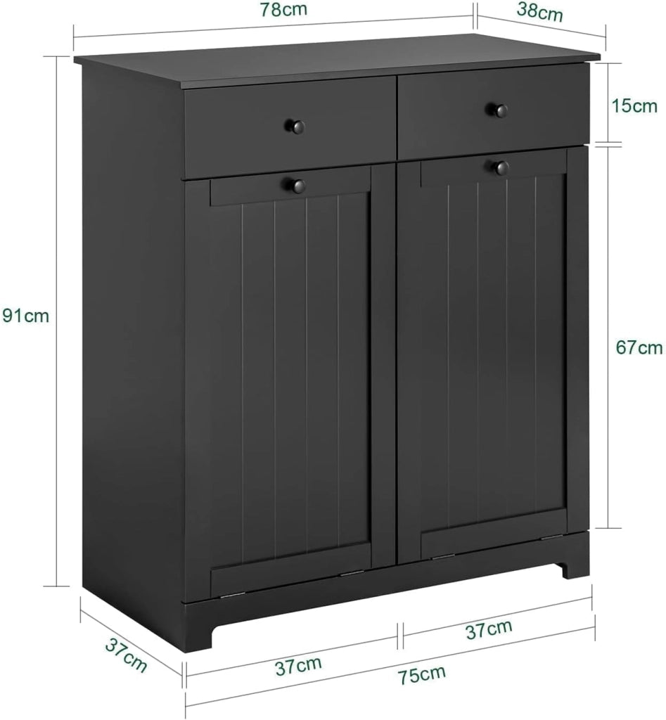 Mobile bagno con portabiancheria - Mobiletto bagno salvaspazio con 2 cassetti e 2 sacchi estraibili - Mobile lavanderia per ingresso o cucina in MDF, Nero, 78x38x90cm, BZR33-II-SCH