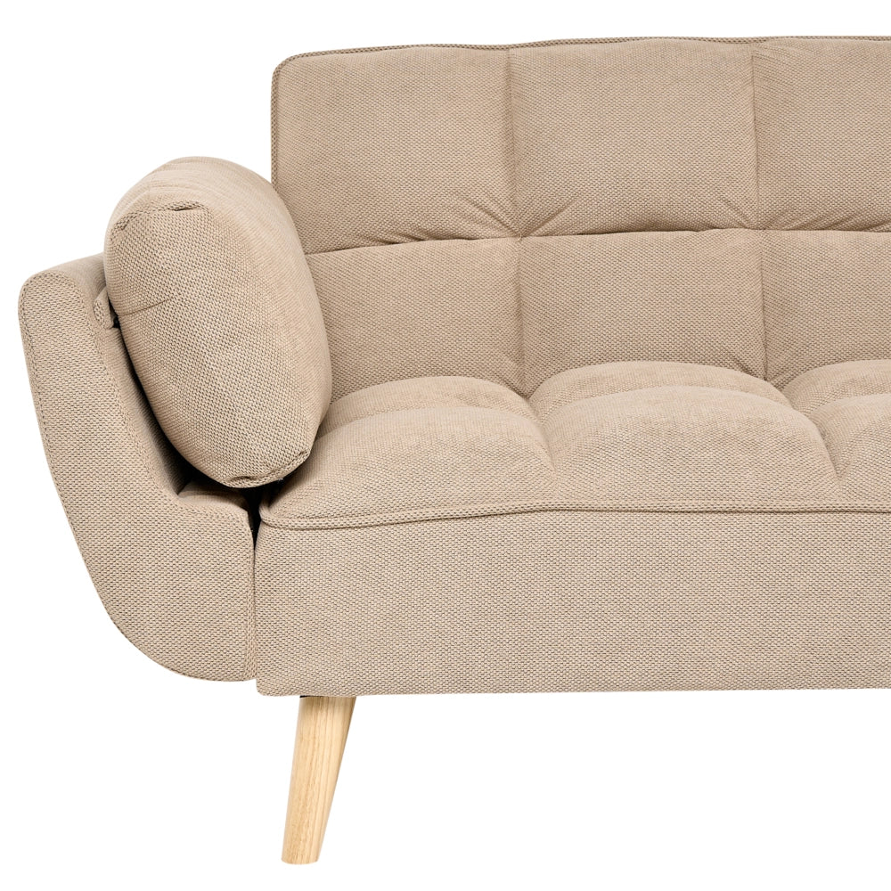 Divano Letto 3 Posti in Tessuto Marrone Chiaro con Gambe in Legno Imbottitura in Schiuma Schienale Diviso e Imbottitura Biscuit Idrorepellente