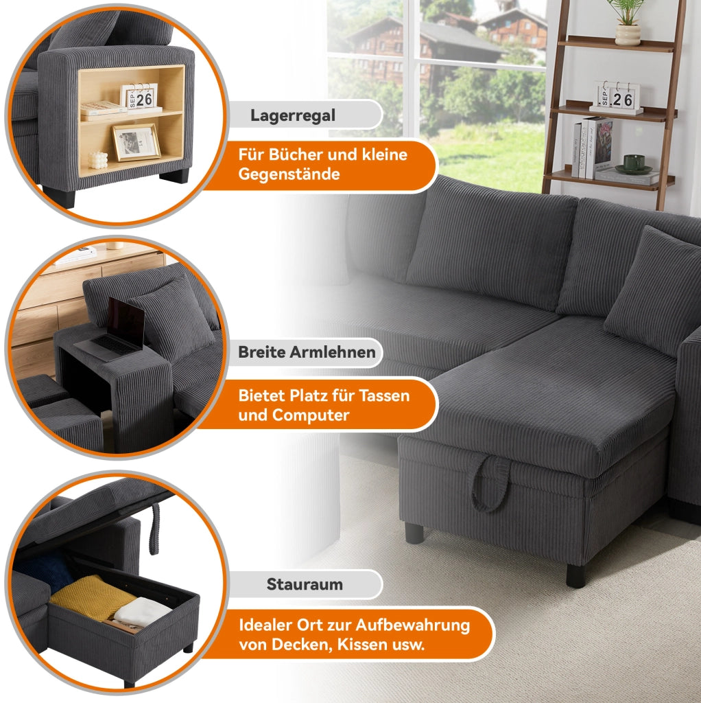 Divano letto angolare 3-4 posti in velluto a coste grigio con contenitore; USB e Type-C