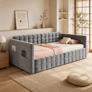 Letto imbottito 90x190 cm con tasche laterali e cassetti in velluto grigio