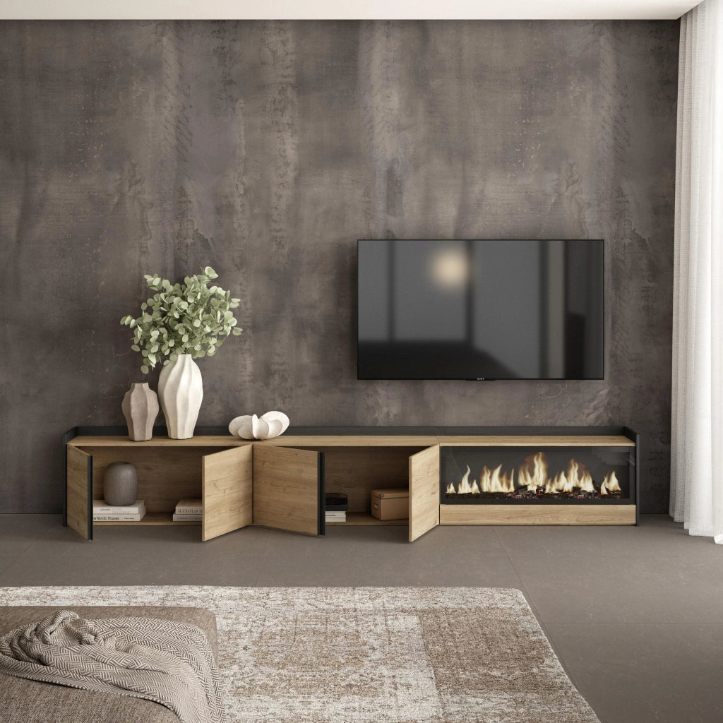 Mobile TV Soggiorno, 315x50x35 cm, Per TV fino a 80", Camino elettrico XXL, Rovere e nero