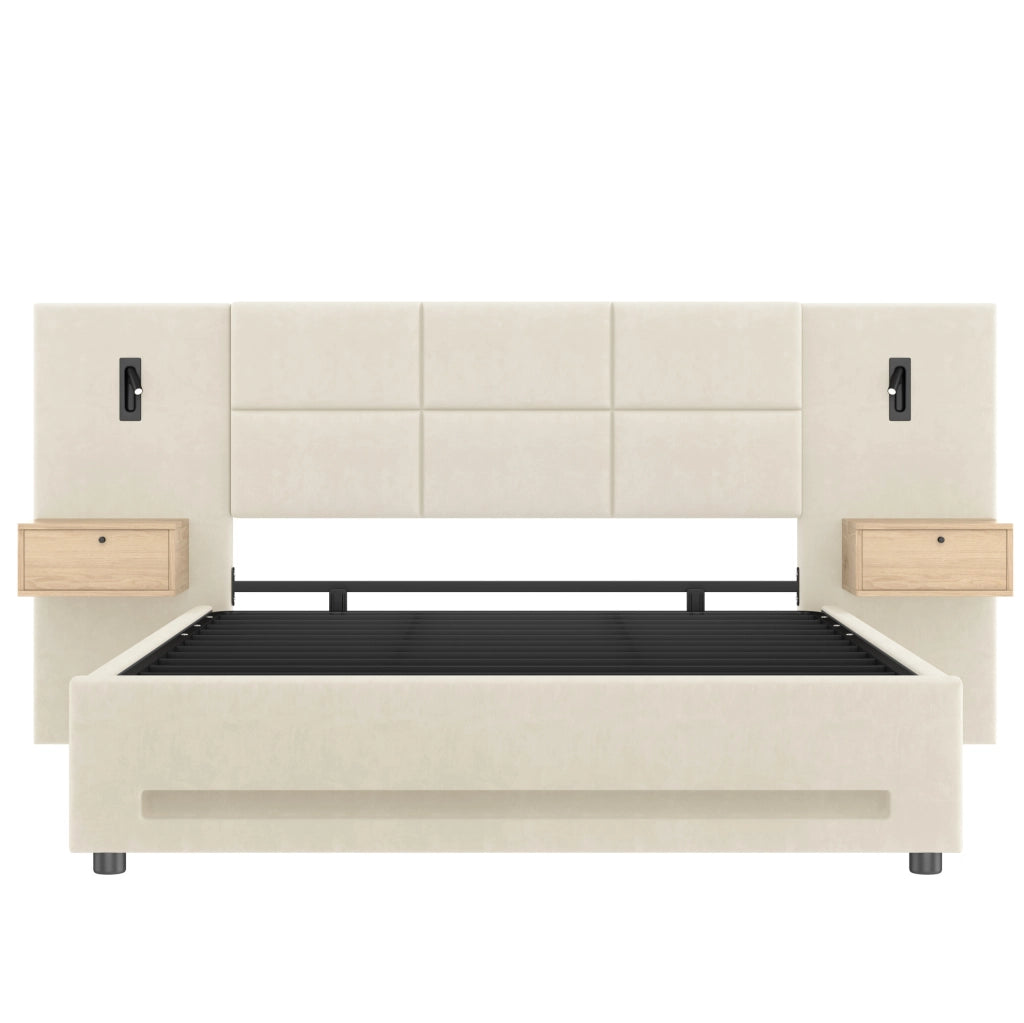Letto matrimoniale 180x200 cm in velluto beige con LED e USB-C