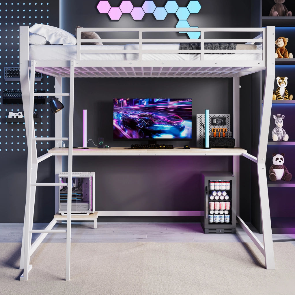 Letto a soppalco 140x200 cm bianco con scrivania, LED, prese USB e scala