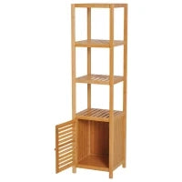 Mobile Alto Bagno/Terrazzo, Scaffale a Torre in Bambù 4 Ripiani + Armadietto con Anta, 36x33x140cm, Color Legno
