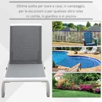 Lettino Prendisole con Schienale Reclinabile e Rotelle Posteriori, 195x67.5x33 cm, Grigio e Bianco