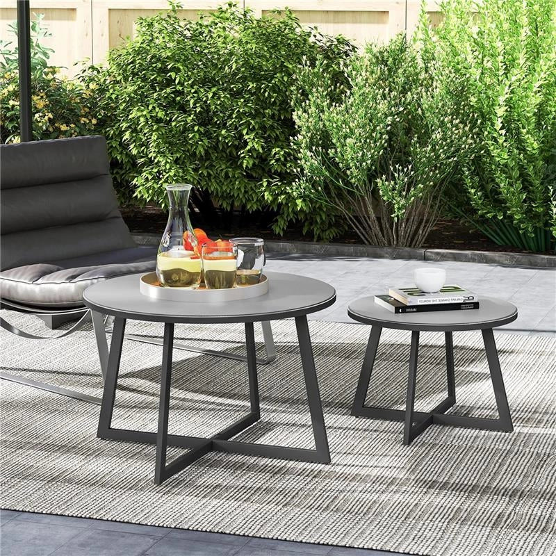 SET 2 TAVOLINI PER ESTERNI CON PIANO IN VETRO TEMPERATO Ø 70X45 CM E Ø 50X35 CM GRIGIO