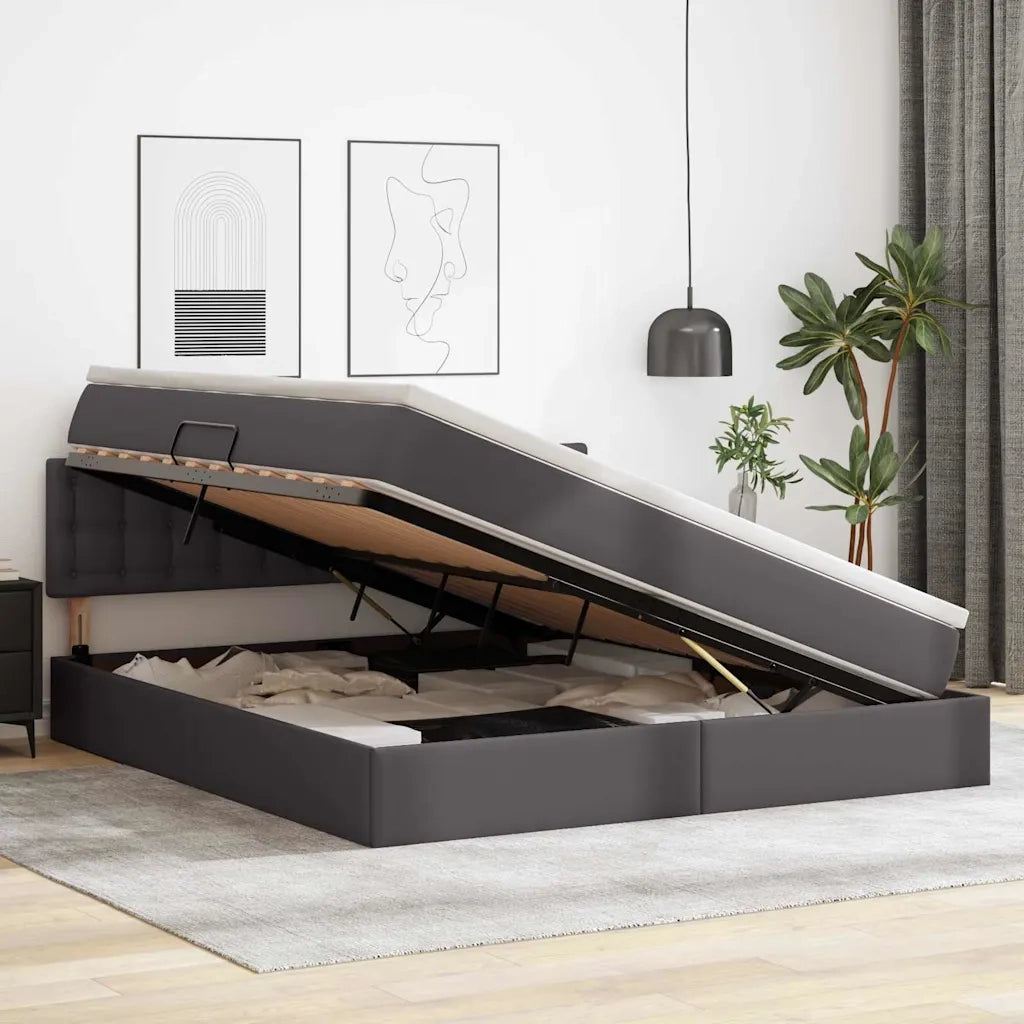 Letto con contenitore e LED Grigio 160 x 200 cm Pelle Sintetica