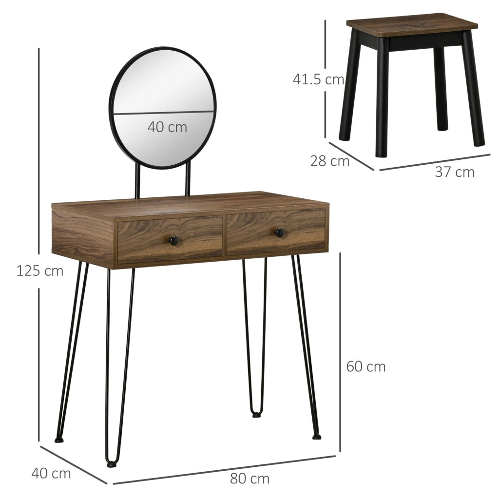 Consolle Trucco con Specchio e Sgabello in Legno e Metallo Color Noce