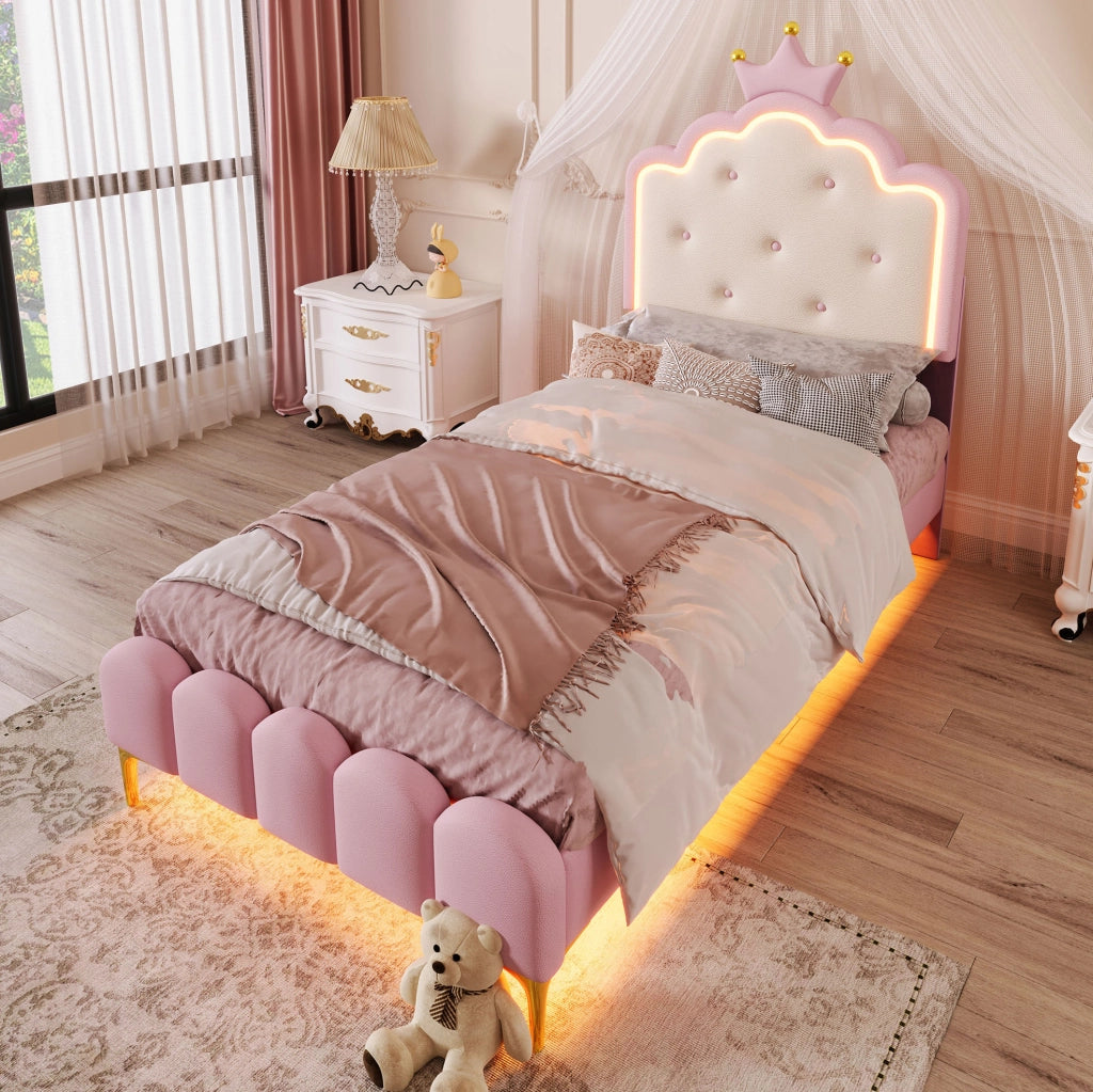 Letto singolo a corona 90x200 cm con luce LED; PU rosa