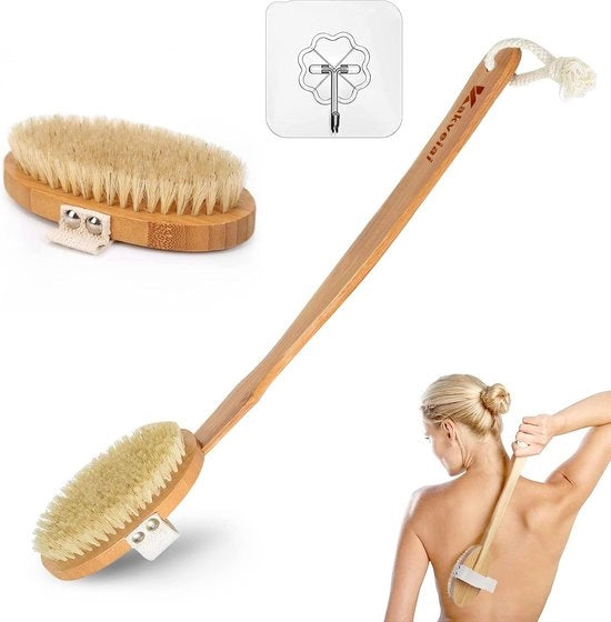 Borsetto per bagno con asta lunga, dekenborsetto, manico lungo accessibile, 2 x testa di borsetto, setole rimovibili, schiumaio doccia, criniera di pelo naturale, per la pulizia del capo di borsetto.