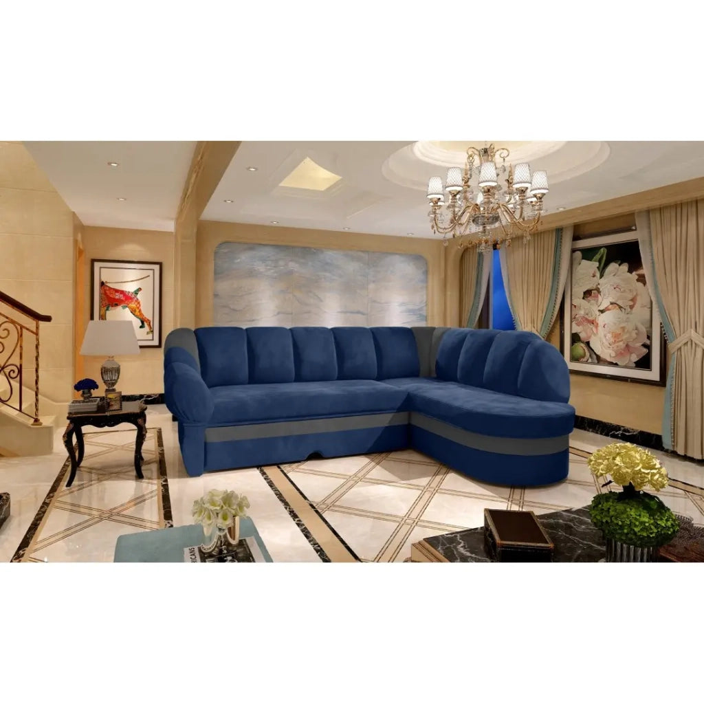 Divano angolare destro convertibile BENANA 250 cm blu scuro e grigio con contenitore