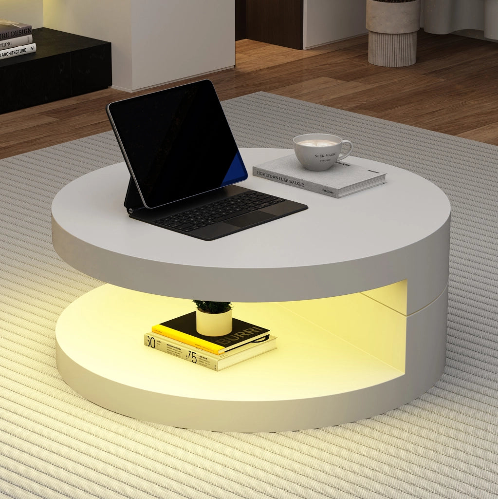 Tavolino da caffè rotondo MDF bianco con LED e piano girevole