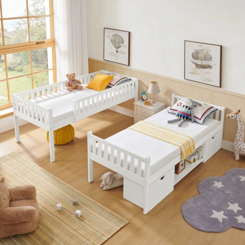 Letto bambini in legno di pino 90x200; scomponibile in 2 letti; sponde; cassetti; scala; bianco