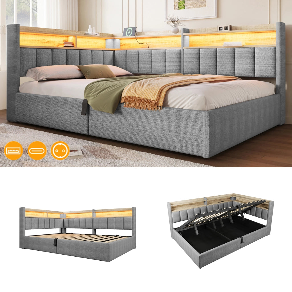 Letto imbottito 140x200 in velluto grigio con contenitore; LED RGB e porte USB