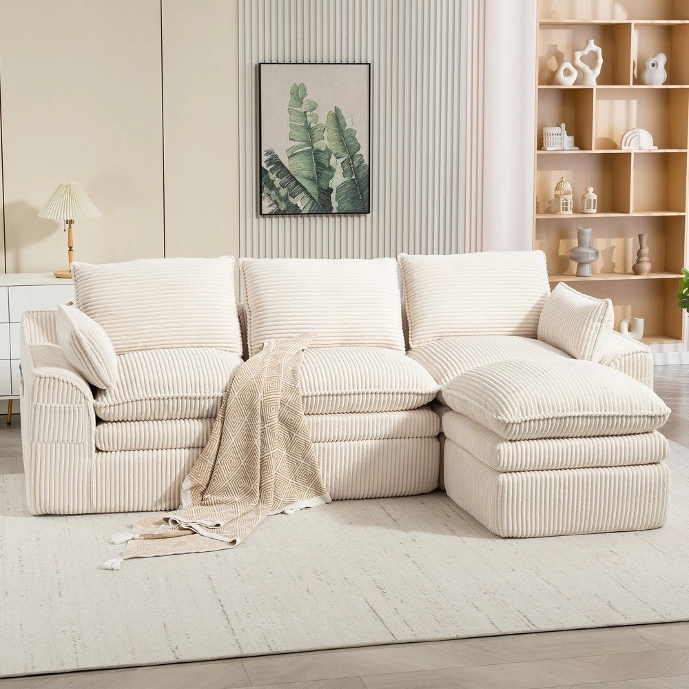 Divano 3 Posti con Poggiapiedi e Cuscini in Tessuto ¨C Xylo ¨C Beige