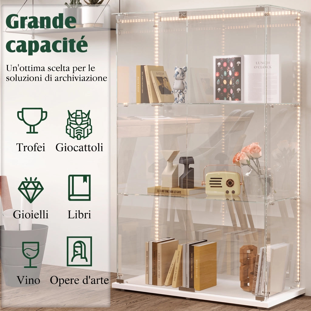 Vetrina espositiva in vetro temperato bianca con luci LED e serratura, 78,5x35x123,5cm, doppie ante per figurine e collezioni
