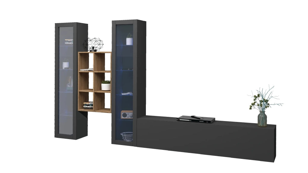 Parete attrezzata  antracite moderna sospesa mobile TV libreria legno 2 vetrine Yves RT