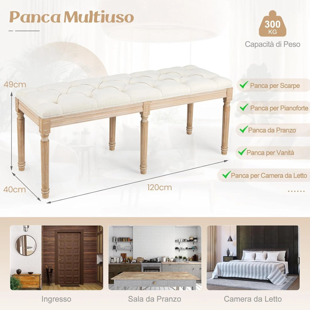 Panca d'Ingresso Vintage Francese, Panca da Pranzo Imbottita da 120 cm con Gambe in Legno di Gomma Massiccio, Sedia Pouf Capitonné a Fine Letto per Ingresso, Soggiorno e Camera da Letto