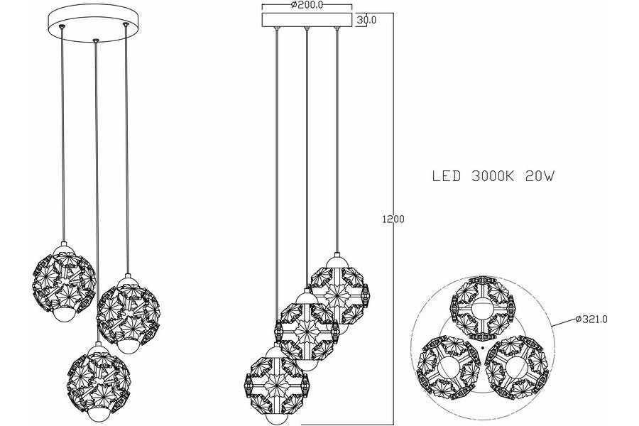 Lampadario a sospensione Meduza 3 luci LED ottone cristallo