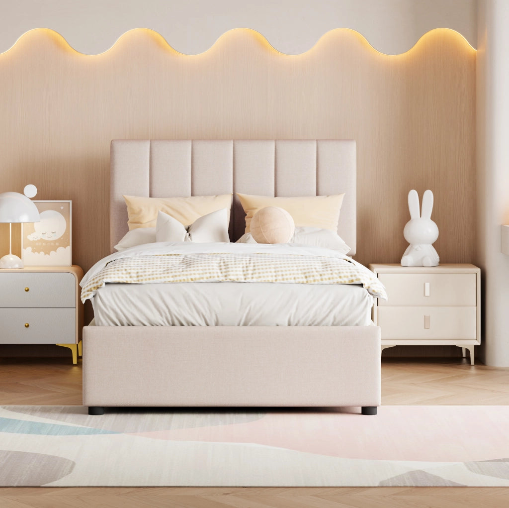 Letto imbottito 90x200 cm beige con vano contenitore idraulico
