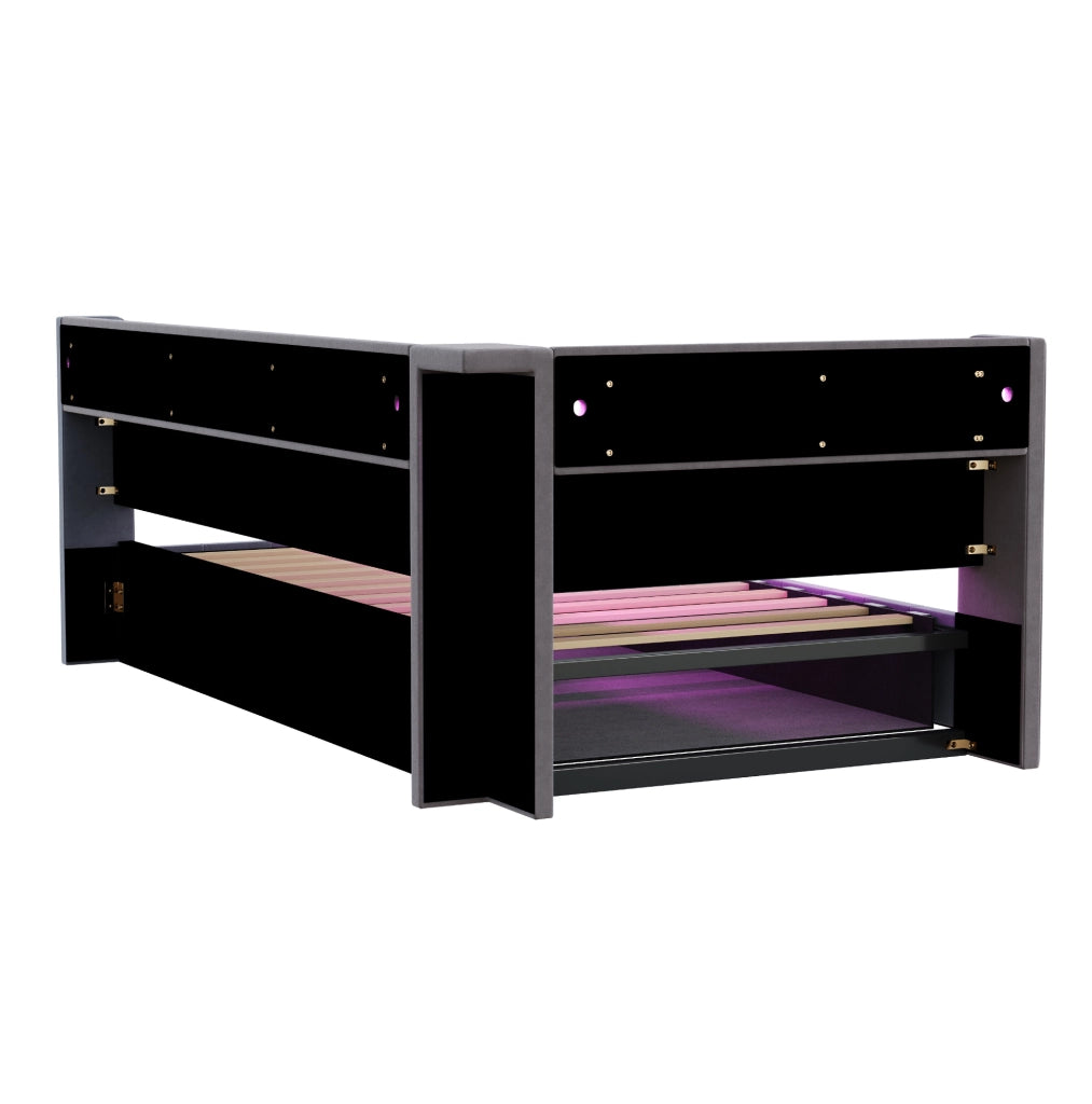 Divano letto 90x200 cm con vano idraulico, LED e prese USB-C in velluto grigio