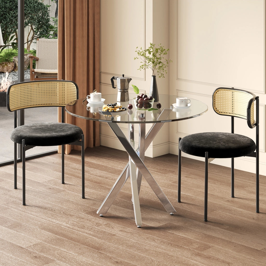 Tavolo da pranzo per 2-4 persone con piano in vetro temperato e gambe in metallo, design moderno, argento, 80 × 80 × 75 cm