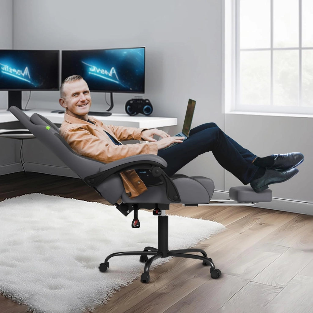 Sedia da gaming, massaggiante, colore grigio, per gaming, con poggiapiedi, poggiatesta e massaggi, ergonomica, regolabile in altezza, per sala giochi, ufficio