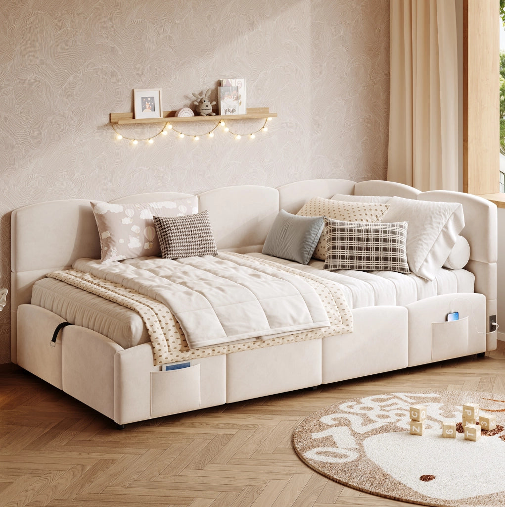 Divano letto con contenitore idraulico 90x200 cm in velluto beige; con USB-A e USB-C