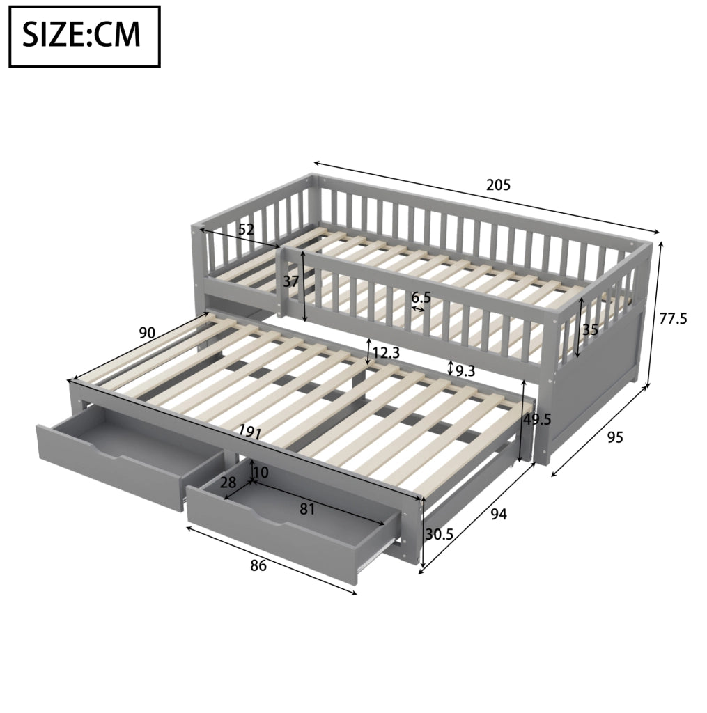 Letto multifunzione 90x200 cm con letto estraibile e cassetti