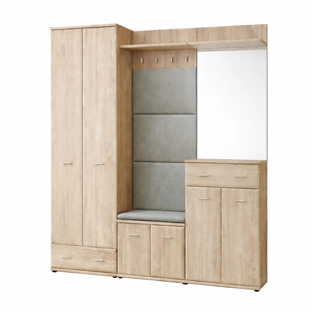 Mobile Ingresso Scarpiera Appendiabiti Imbottito Set Entrata Anta Specchio Vani Guardaroba Ganci Armadio Mobiletto Multifunzione Salvaspazio Corridoio Casa Design Moderno 180 x 32 x 203 Cm Rovere