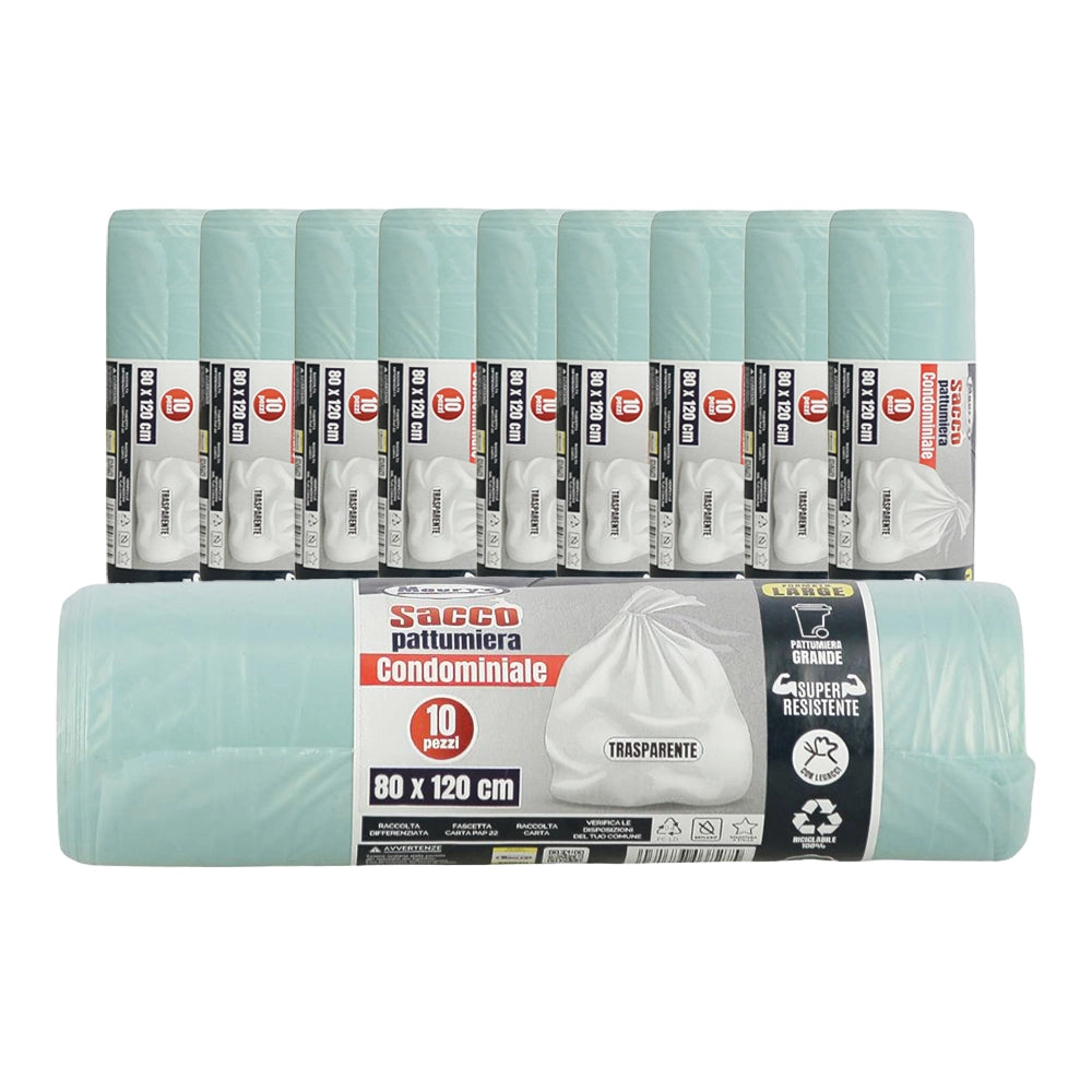 MAURY'S SACCHI PER PATTUMIERA 80X120 CM 10 CONFEZIONI DA 10 PEZZI IN COLORE TRASPARENTE