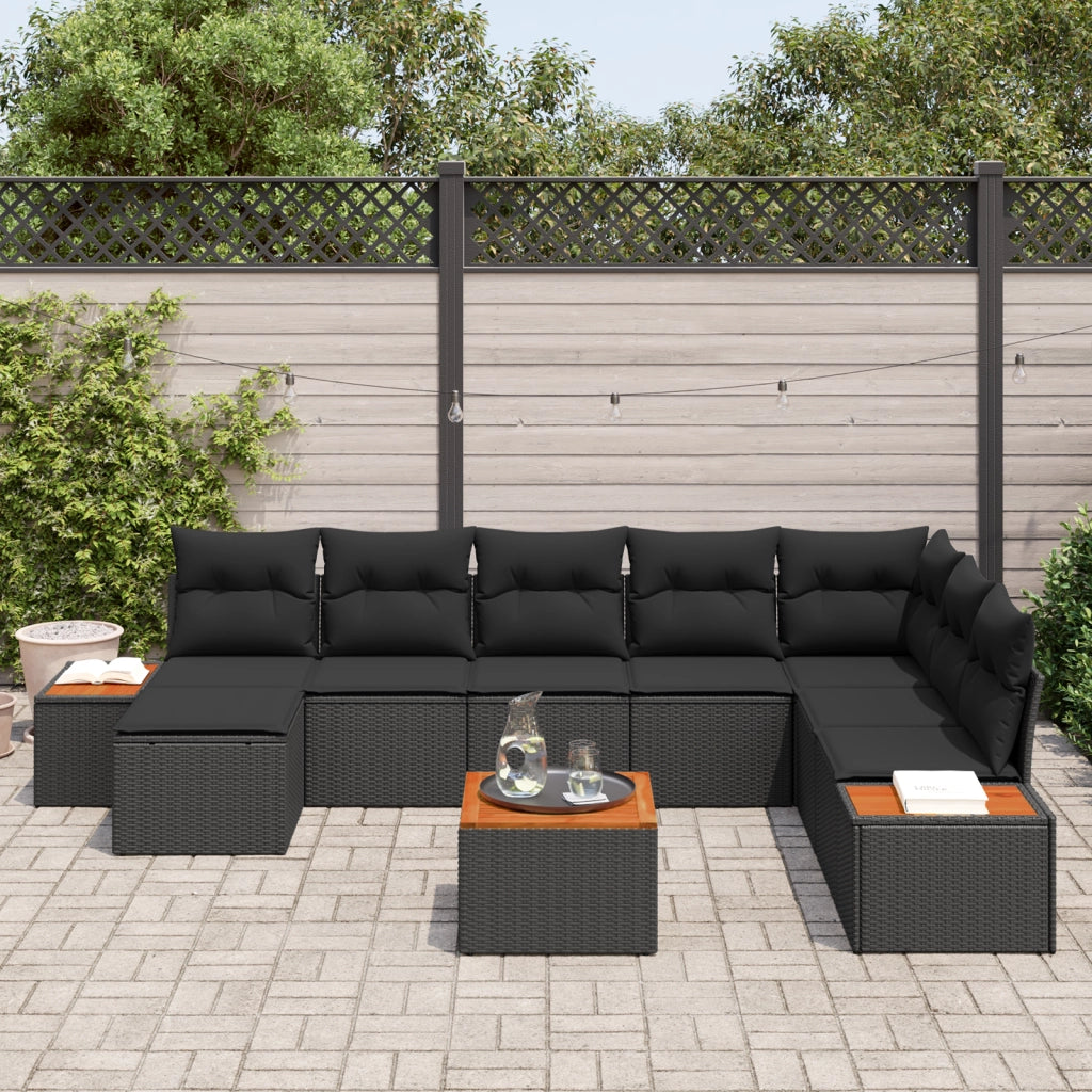 Set Divano da Giardino da 9 Pezzi con Cuscini Nero Polyrattan Acacia