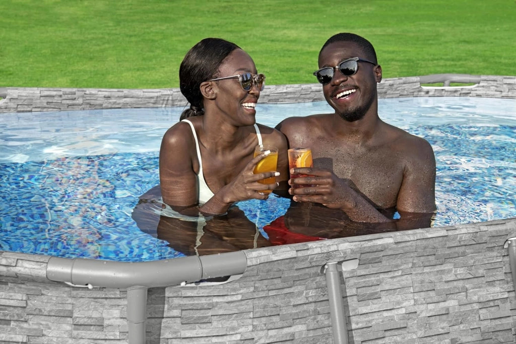 Bestway 56714 piscina fuori terra ovale effetto pietra power steel swim vista  con oblò 427x250x100 cm