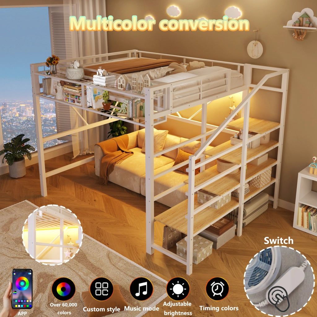 Letto a soppalco 140 x 200 cm, struttura in metallo, ripiano, luce a LED, bianco