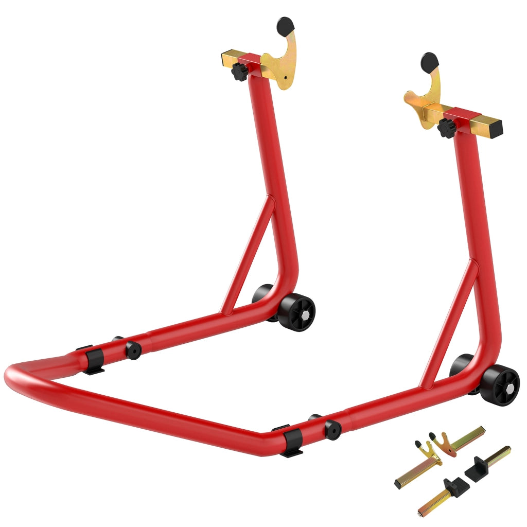 Cavalletto per Moto con Capacit¨¤ di 544 kg, Forcelle Regolabili a U e L, Rotelle e Cuscinetti Antiscivolo, Rosso