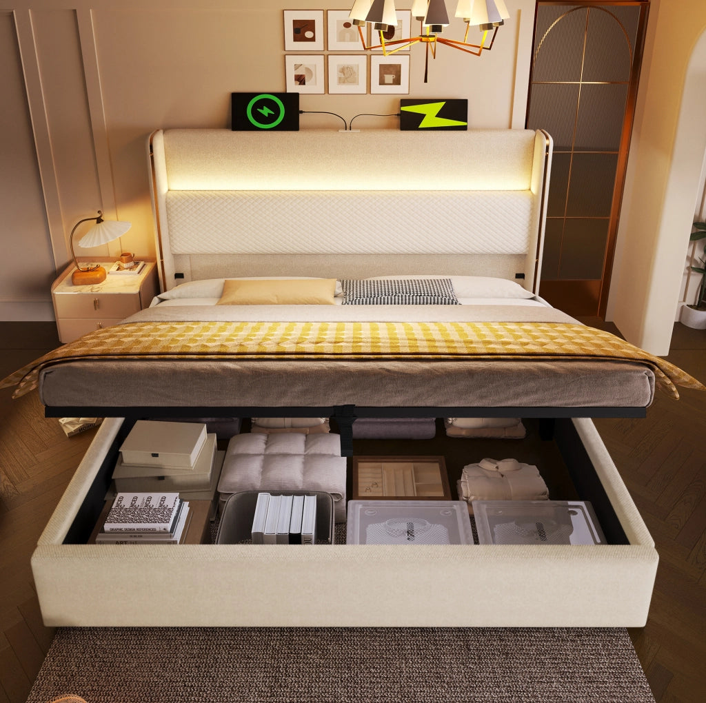 Letto idraulico 140x200 cm in lino beige, LED, USB e materasso incluso