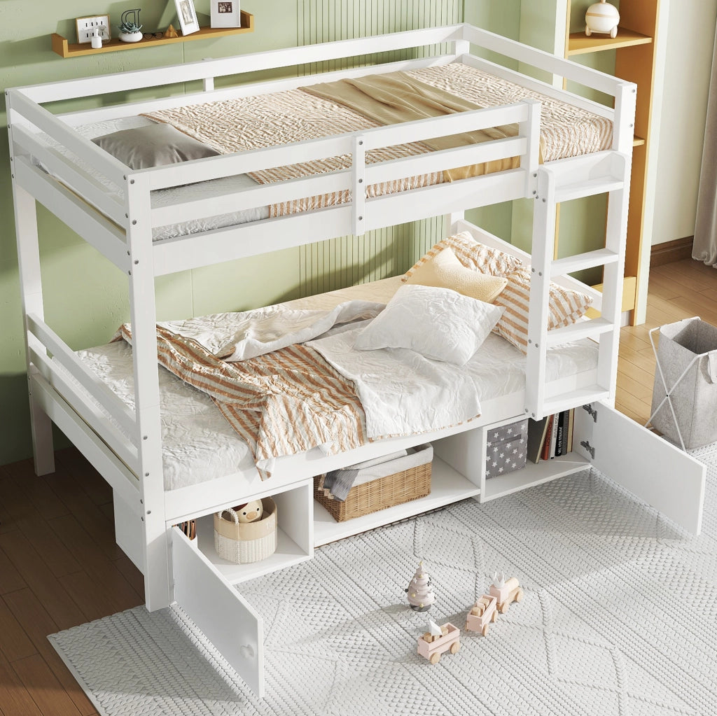 Letto a castello per bambini 90x200 cm divisibile, con ripiani e vani bianchi