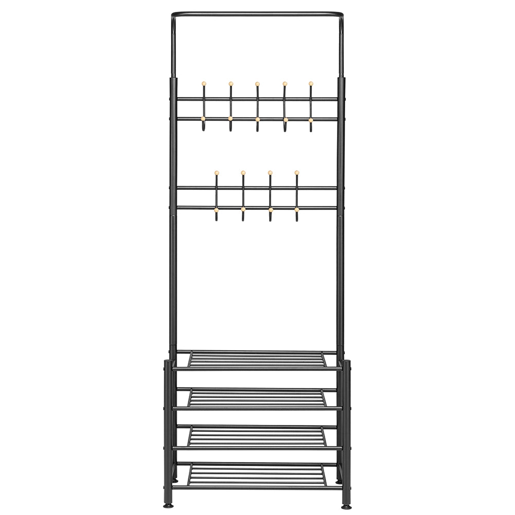 Stand Appendiabiti da Ingresso 9 Ganci con Scarpiera a 4 Ripiani in Metallo Nero