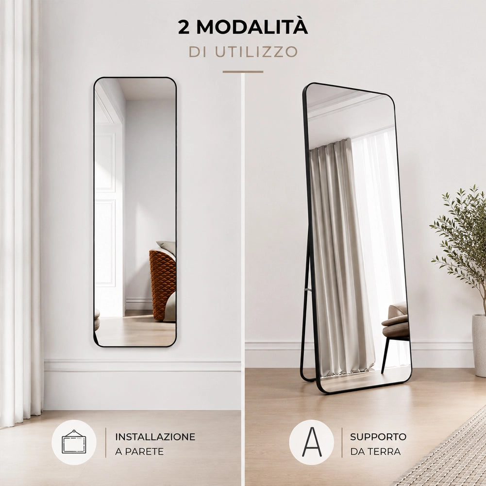 Specchio da Terra e da Muro Rettangolare Nero Decorazione Interni 155x45 cm